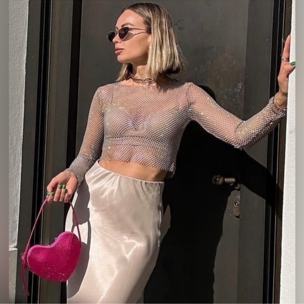 Zara Rhinestone Sparkle Iridescent Shimmer Mesh Long Sleeve Crop Top